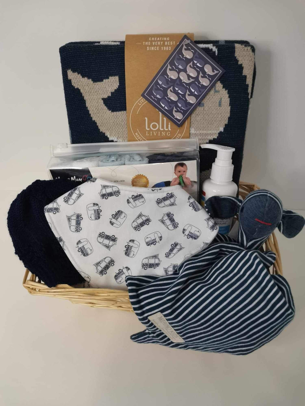 Newborn Baby Care Package in Wicker Gift Basket (Navy)