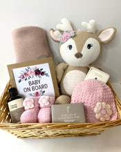 Load image into Gallery viewer, Newborn Baby Care Package in Wicker Gift Basket (Pretty in Pink)