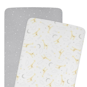 Living Textiles 2-Pack Jersey Bedside Bassinet Fitted Sheets - Noah Giraffe/Grey Stars