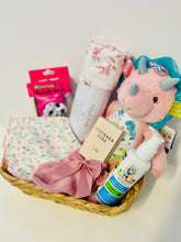 Load image into Gallery viewer, Newborn Baby Girl Care Package in Wicker Gift Basket (Pinks)
