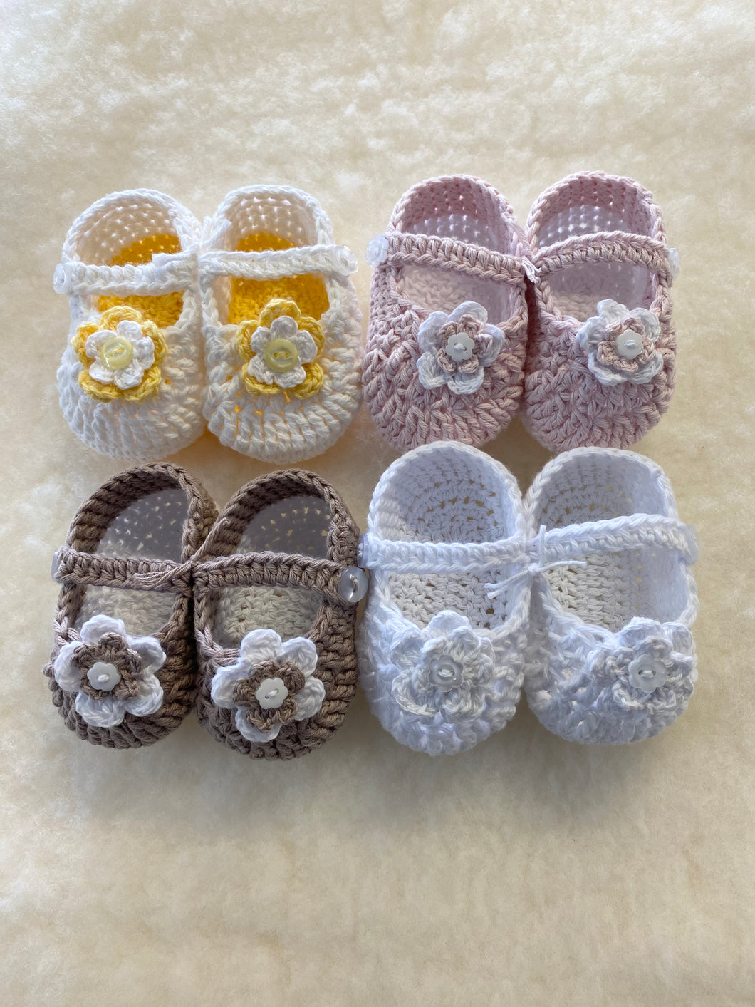 Crochet Mary-Jane Flower Booties - 100% Cotton - 0-6 months