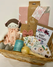 Load image into Gallery viewer, Newborn Baby Care Package in Wicker Gift Basket (Pretty in Pink)
