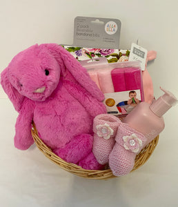 Newborn Baby Girl Care Package in Wicker Gift Basket (Pinks)