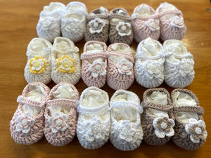 Crochet Mary-Jane Flower Booties - 100% Cotton - 0-6 months