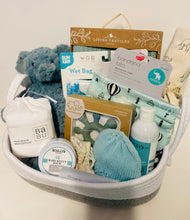 Load image into Gallery viewer, Baby Shower MEGA Care Package in Large Cotton Basket (Sage)
