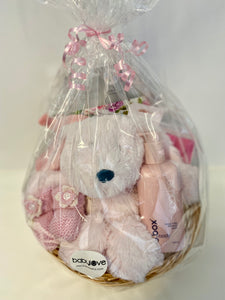 Newborn Baby Girl Care Package in Wicker Gift Basket (Pinks)