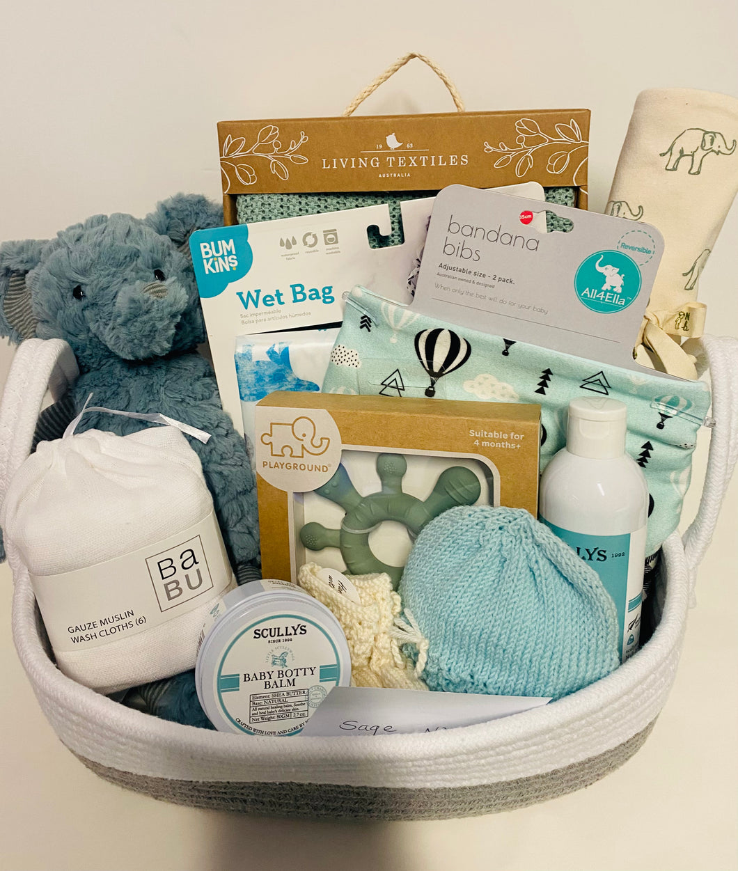 Baby Shower MEGA Care Package in Large Cotton Basket (Sage)