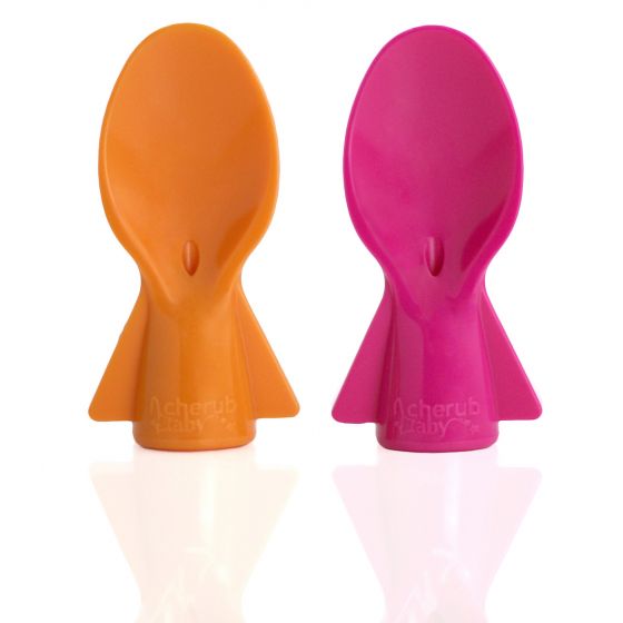 Cherub Baby Universal Food Pouch Spoon 2 pack - Pink & Orange