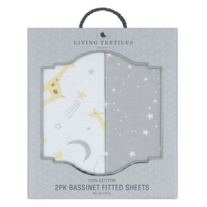 Living Textiles 2-Pack Jersey Bedside Bassinet Fitted Sheets - Noah Giraffe/Grey Stars