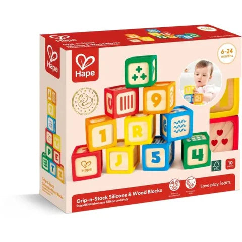 Hape Grip-n-Stack Silicone & Wood Blocks 10 pieces