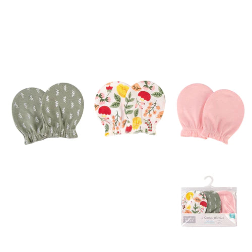 Hudson Baby Scratch Mittens - Floral, Green Fern, Pink
