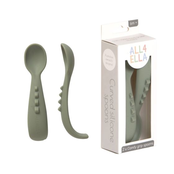 All4Ella Comfy Grip Silicone First Spoons 2 Pack - Olive