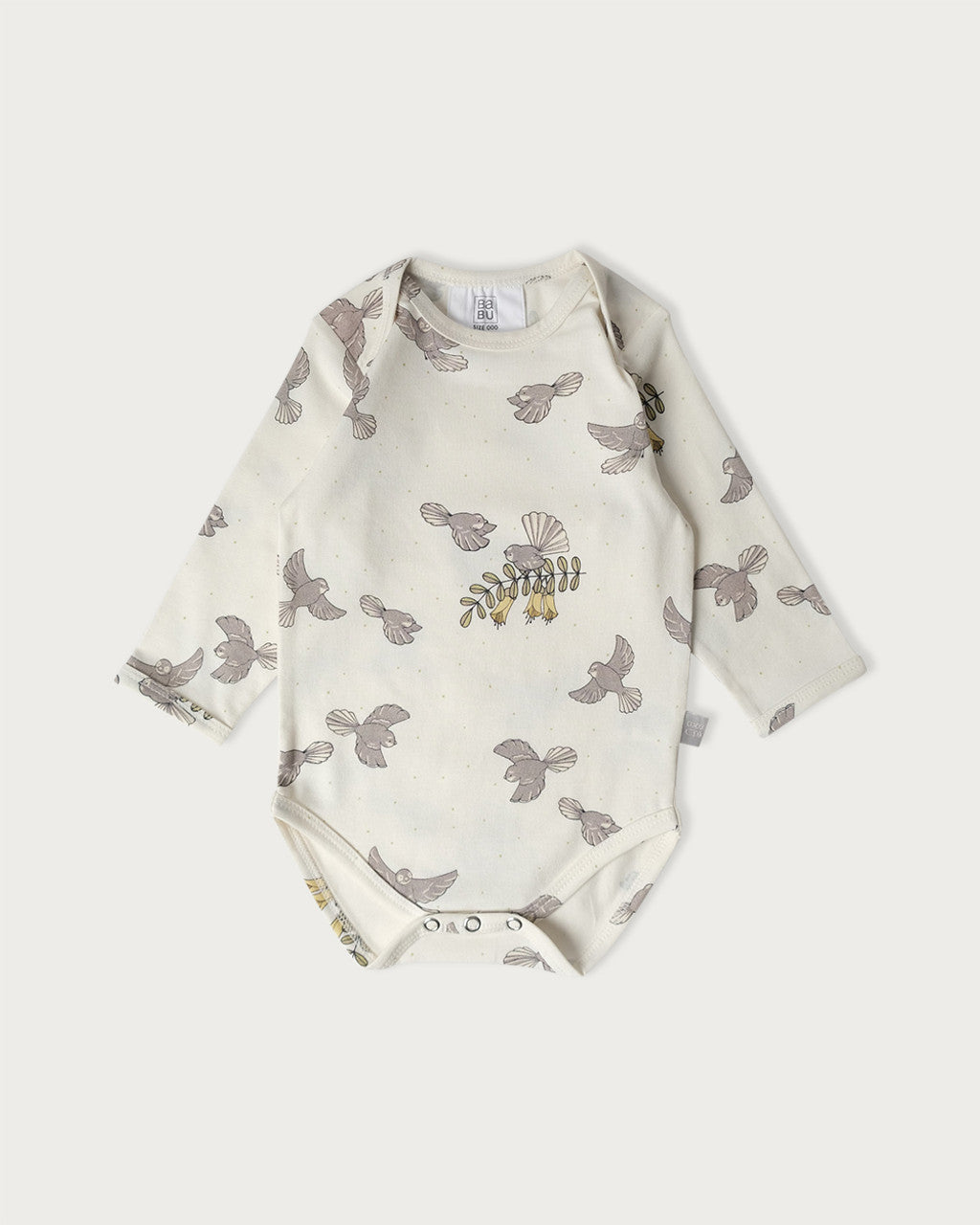 Babu Organic Cotton Long Sleeve Bodysuit NZ Forest Prints - Pīwakawaka