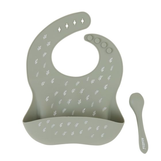 All4ella Silicone Catch Bib & Spoon - Olive