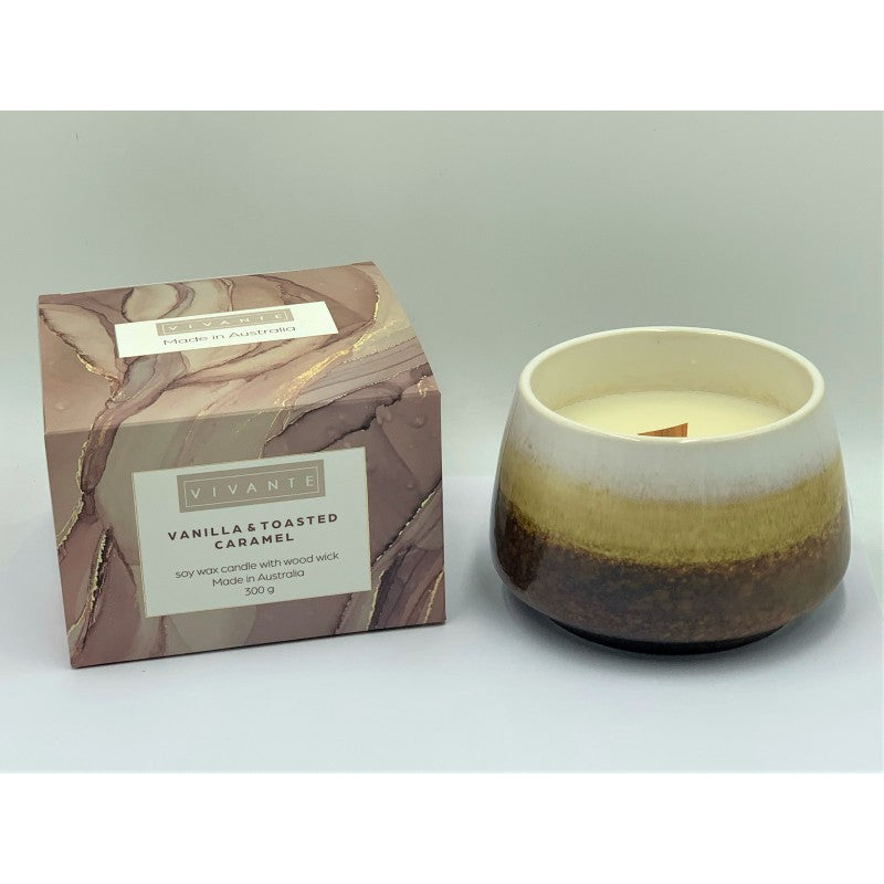 Vivante Vanilla & Toasted Caramel Soy Wax Candle With Wood Wick