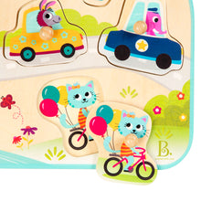 Load image into Gallery viewer, B. Vehicles on the Go! Wooden Peg Puzzle
