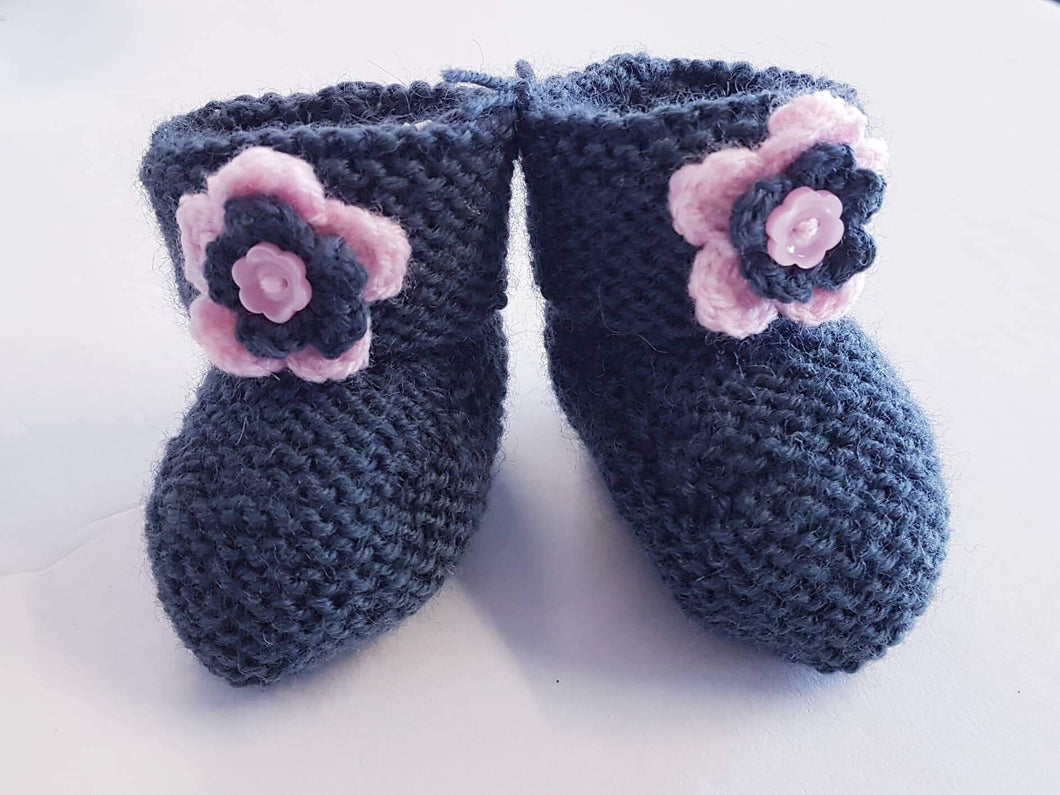 Merino Knitted Flower Booties - 0-3 months