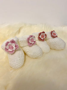 Merino Knitted Flower Booties - 0-3 months
