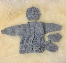 Load image into Gallery viewer, 100% Merino Matinee Jacket &amp; Matching Beanie &amp; Bootie Set - Grey - PREM SIZE (00000)
