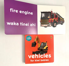 Load image into Gallery viewer, Vehicles for Kiwi Babies Board Book - Words in English &amp; Maori
