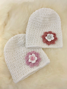 Merino Knitted Flower Beanies - 0-3 months
