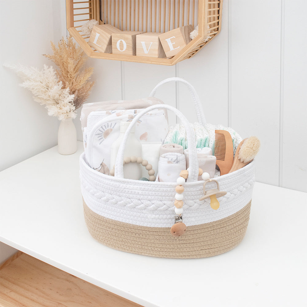 Living Textiles 100% Cotton Rope Nappy Caddy - Natural/White