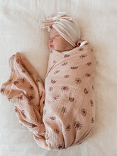Load image into Gallery viewer, Over the Dandelions Organic Muslin Swaddle - Sunny Print Blush/Plum
