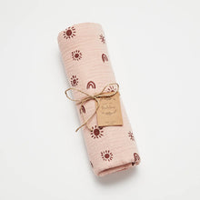 Load image into Gallery viewer, Over the Dandelions Organic Muslin Swaddle - Sunny Print Blush/Plum
